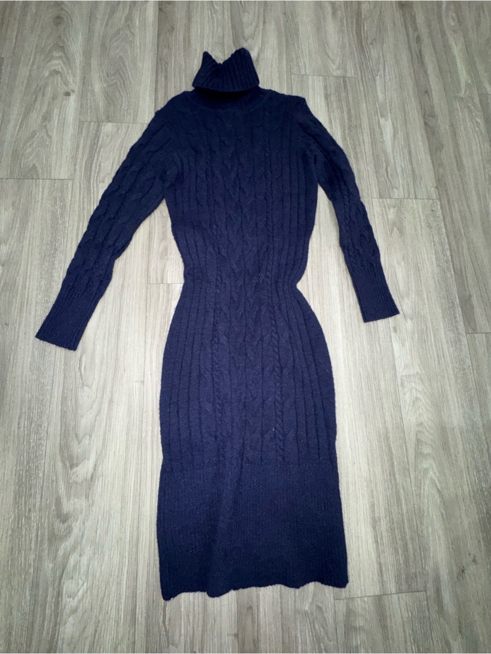 Cable Knit Turtleneck Sweater Dress in Navy
